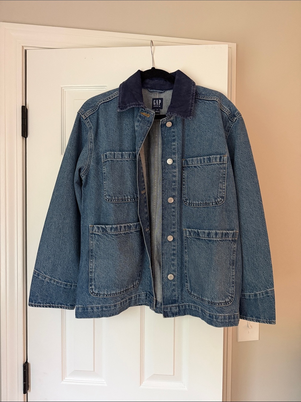 GAP Blue Denim Chore Jacket with Dark Navy Collar